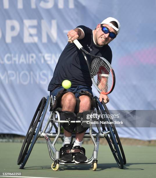 James Shaw returns the ball to Kyu-Seung KIM of South Korea during the British Open Wheelchair Tennis Championships at Nottingham Tennis Centre on...