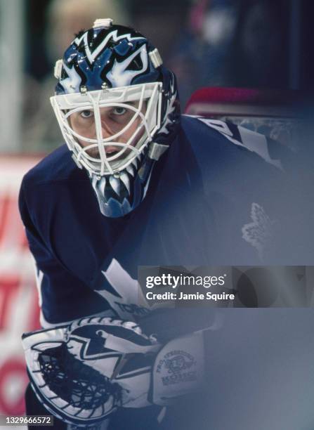 Felix Potvin, Goaltender for the Toronto Maple Leafs looks on tending goal during the NHL Western Conference Pacific Division game against the Mighty...