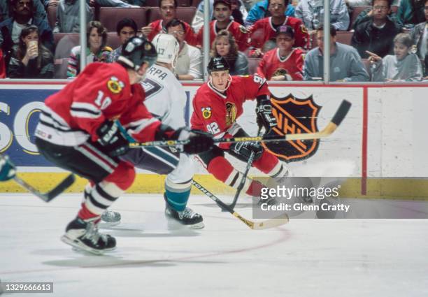 Bernie Nicholls, Center for the Chicago Blackhawks in motion on the ice during the NHL Western Conference Pacific Division game against the Mighty...