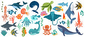 Fish and wild marine animals are isolated on white background. Inhabitants of the sea world, cute, funny underwater creatures dolphin, shark, ocean crabs, sea turtle, shrimp.