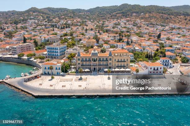 aerial photo of the famous poseidonio hotel on spetses island, greece - spetses stockfoto's en -beelden