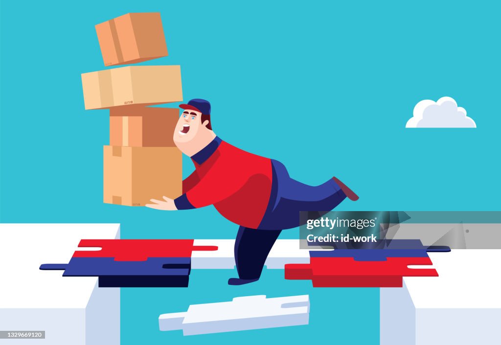 Courier holdings cartons and stepping on broken puzzle bridge