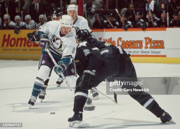 Tim Sweeney, Left Wing for the Mighty Ducks of Anaheim and Derian Hatcher of the Dallas Stars during their NHL Western Conference Pacific Division...