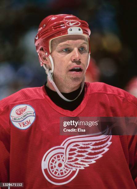 Kris Draper, Center for the Detroit Red Wings looks on during the NHL Western Conference Pacific Division game against the Mighty Ducks of Anaheim on...