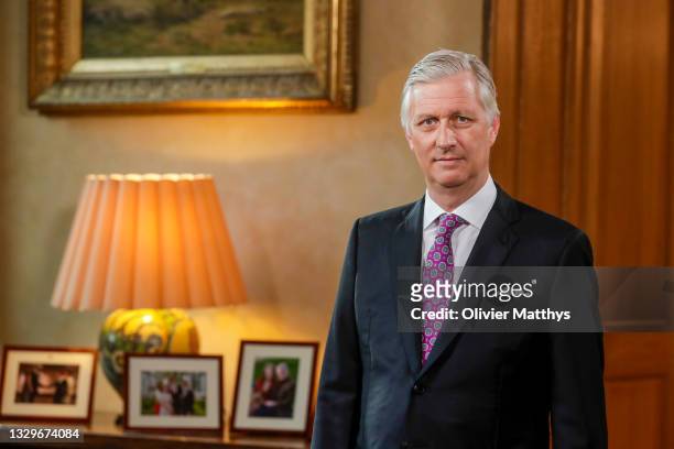 King Philippe of Belgium delivers a speech to the nation of the eve of Belgium’s National Day on July 20, during the recording at the Royal Palace on...
