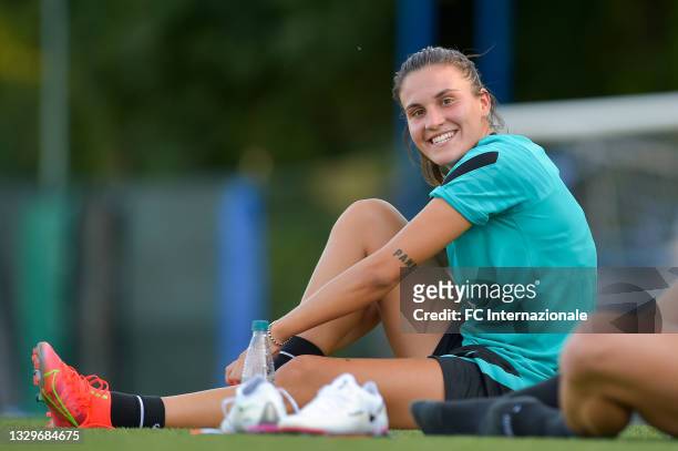 Marta Pandini of FC Internazionale smiles after the FC Internazionale women training session on July 19, 2021 in Milan, Italy.