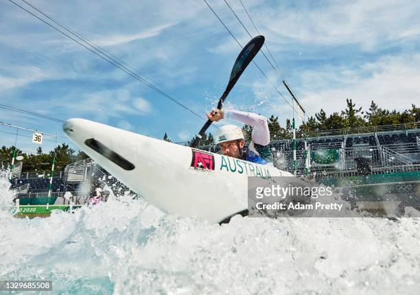 Lucien Delfour of Team Australia in action during training at the Kasai Canoe Slalom Center ahead of the Tokyo 2020 Olympic Games on July 20, 2021 in...