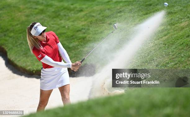 Pernilla Lindberg of Sweden plays a shot during previews ahead of the The Amundi Evian Championship at Evian Resort Golf Club on July 20, 2021 in...