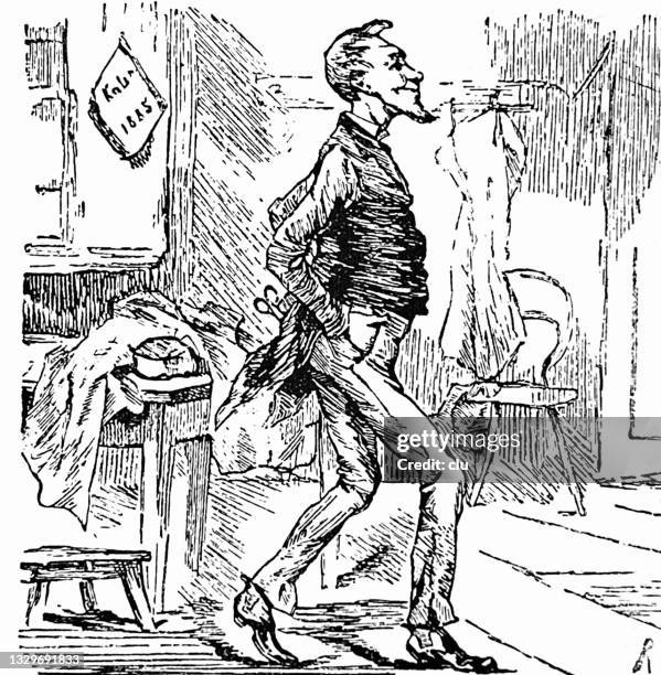 men in elegant dress whose profession can be read on behavior: tailor - suit tailor stock illustrations