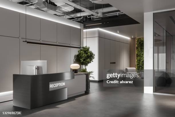 modern office reception desk in 3d render - germany interior of office reception stock pictures, royalty-free photos & images