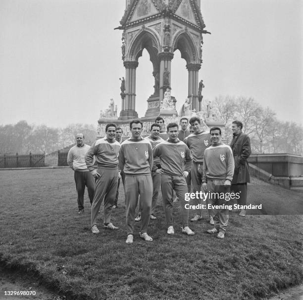 Members of FC Lausanne-Sport pose next to the Albert Memorial in Kensington Gardens, whilst in London for the UEFA European Cup Winners Cup...