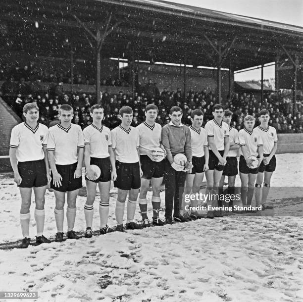 England Schools' Football Association team, UK, 3rd April 1965. Amongst them are Alun Evans, Paul Went, goalkeeper Peter Shilton and Archie Styles.