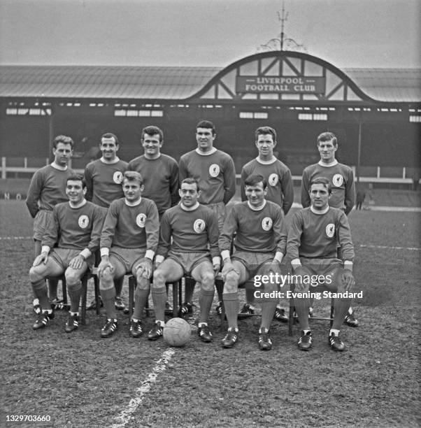 The Liverpool FC first team for the 1965-66 season pose together for a group photograph, Liverpool, UK, 21st April 1965. From left to right Gordon...