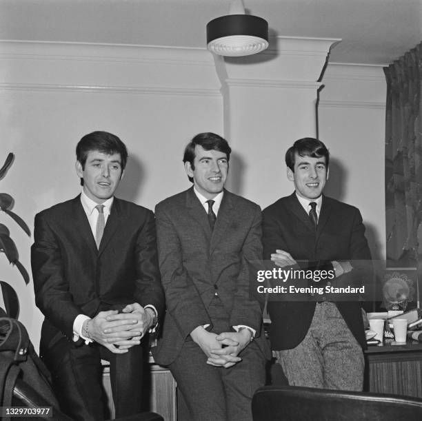 Irish vocal group The Bachelors, UK, April 1965. From left to right, they are singers John Stokes, Conleth 'Con' Cluskey and Declan 'Dec' Cluskey.