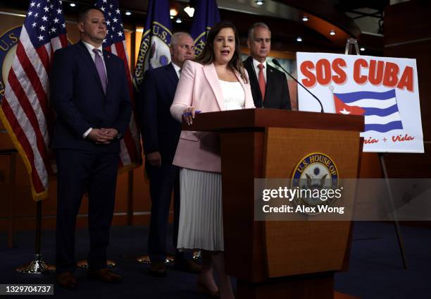 House Republican Conference Chair Rep. Elise Stefanik speaks as Rep. Tony Gonzales , House Minority Whip Rep. Steve Scalise , and Rep. Mario...