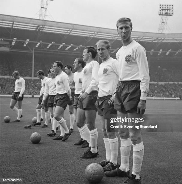 The England team ahead of a British Home Championship match against Scotland at Wembley Stadium, UK, 10th April 1965. Among those pictured are Jackie...