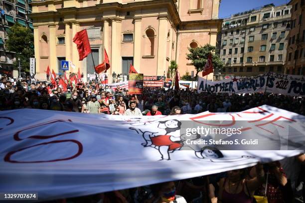 General view of a demonstration of the Piazza Carlo Giuliani Committee in Piazza Alimonda on July 20, 2021 in Genoa, Italy. Activists are...