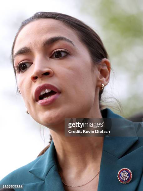 Rep. Alexandria Ocasio-Cortez speaks at a press conference urging the inclusion of the Civilian Climate Corps., a climate jobs program, in the budget...