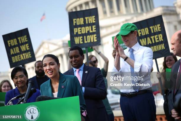 Rep. Alexandria Ocasio-Cortez speaks at a press conference urging the inclusion of the Civilian Climate Corps., a climate jobs program, in the budget...