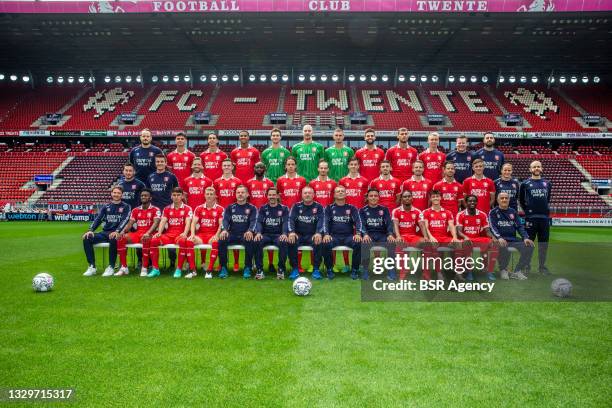 Team and staff of FC Twente pose for a team photo, back row from left to right; Physiotherapist Wouter Vos of FC Twente, Mees Hilgers of FC Twente,...