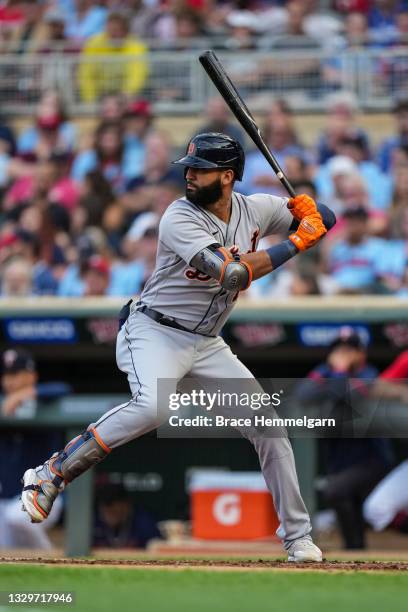 Nomar Mazara of the Detroit Tigers bats against the Minnesota Twins on July 9, 2021 at Target Field in Minneapolis, Minnesota.