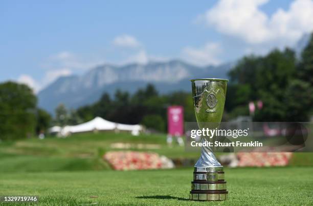The winners trophy is pictured during previews ahead of the The Amundi Evian Championship at Evian Resort Golf Club on July 20, 2021 in...
