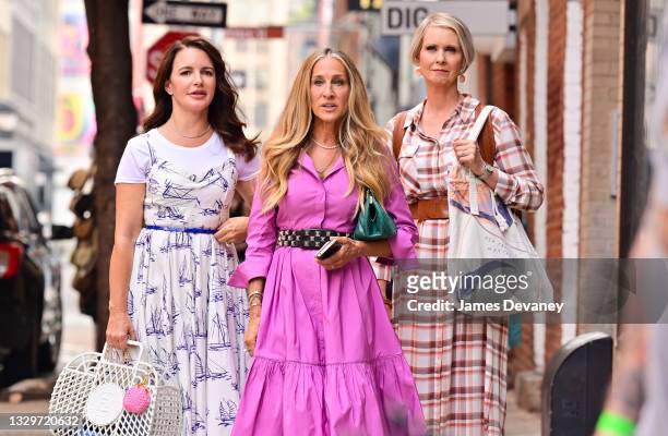 Kristin Davis, as Charlotte York, Sarah Jessica Parker, as Carrie Bradshaw, and Cynthia Nixon, as Miranda Hobbes, are seen on the set of "And Just...