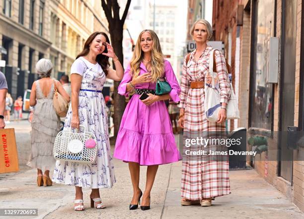 Kristin Davis, Sarah Jessica Parker and Cynthia Nixon are seen on the set of "And Just Like That..." the follow up series to "Sex and the City" in...