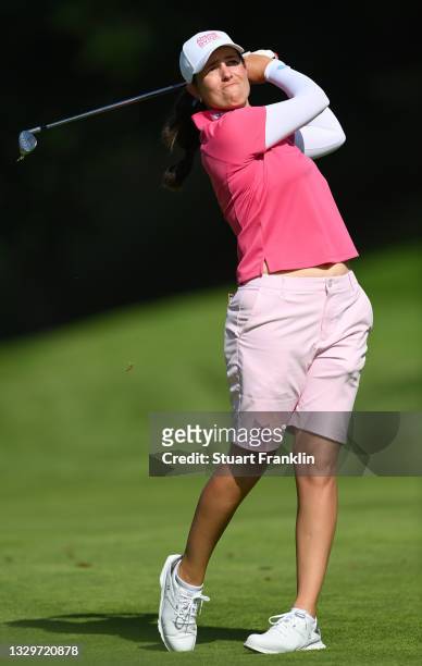 Giulia Molinaro of Italy plays a shot during previews ahead of the The Amundi Evian Championship at Evian Resort Golf Club on July 20, 2021 in...