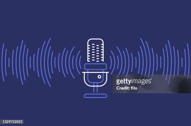 ilustraciones, imágenes clip art, dibujos animados e iconos de stock de podcast audio waves fondo - equipo de grabación de sonido