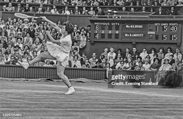 American tennis player Billie Jean Moffitt plays Brazilian tennis player Maria Bueno in the semifinals of the Women's Singles during the 1965...