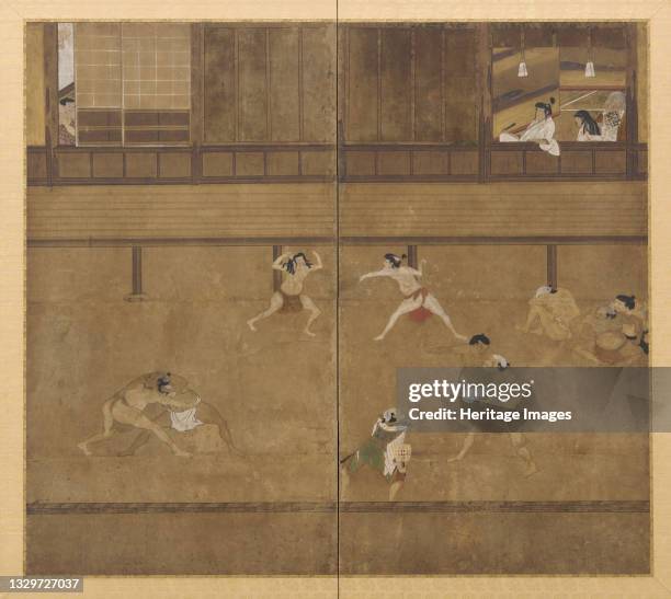 Two-panel screen depicting wrestlers, Edo period, 17th century. Artist Unknown.