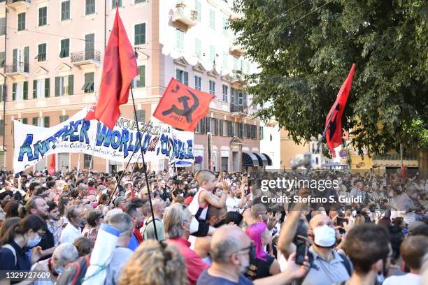 General view of a demonstration of the Piazza Carlo Giuliani Committee in Piazza Alimonda on July 20, 2021 in Genoa, Italy. Activists are...