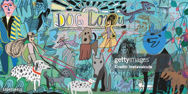 dog lovers and dog walkers - dog walker stock illustrations