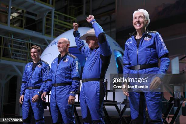 Blue Origin’s New Shepard crew Oliver Daemen, Mark Bezos, Jeff Bezos, and Wally Funk hold a press conference on July 20, 2021 in Van Horn, Texas. Mr....