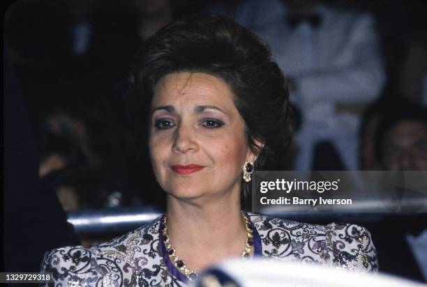 Close-up of Egyptian First Lady Suzanne Mubarak as she attends a performance of the opera ‘Aida’ , Luxor, Egypt, 1987. The opera, set in ancient...