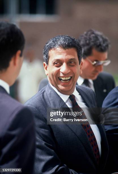 View of Egyptian politician Foreign Minister Amr Moussa as he laughs with a colleague, Cairo, Egypt, 1991.