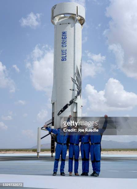 Blue Origin’s New Shepard crew Oliver Daemen, Jeff Bezos, Wally Funk, and Mark Bezos pose for a picture after flying into space in the Blue Origin...