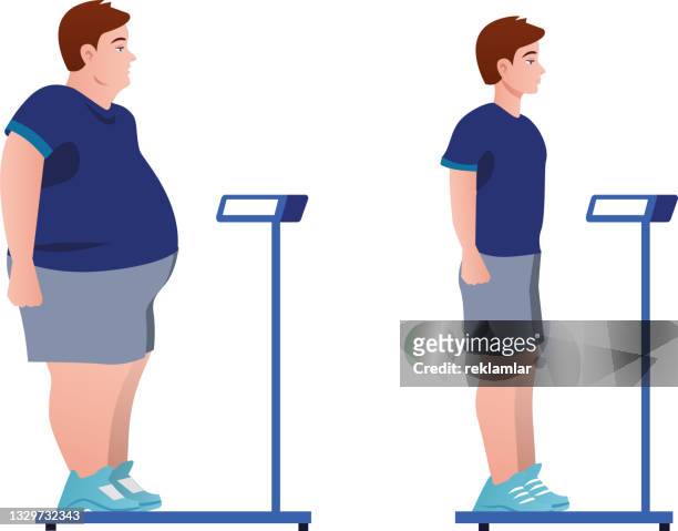 stockillustraties, clipart, cartoons en iconen met illustration of a man weighing himself, previously overweight and then at ideal weight, showing weight loss. extreme obese young man vector.two photo comparison concept. - dieet