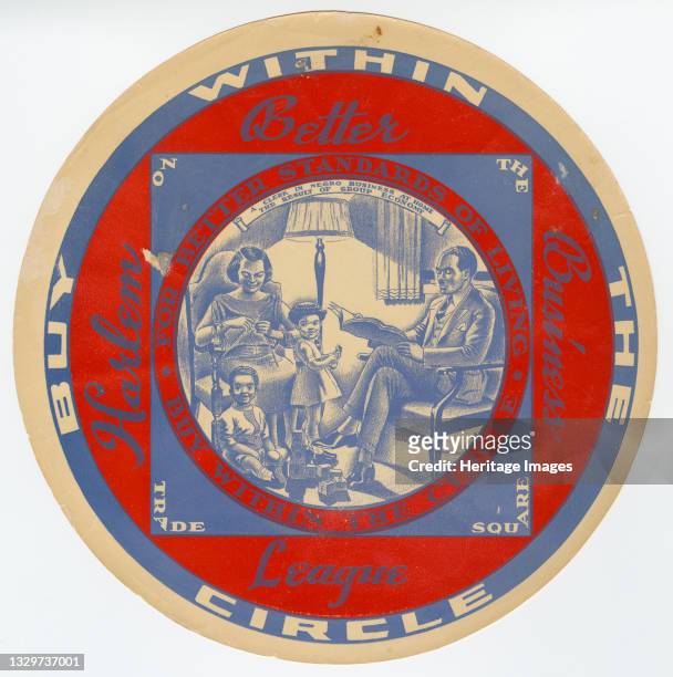 Round red, blue and off-white poster enclosing a smaller circular vignette of an African American family with the caption "A Clerk in Negro Business...