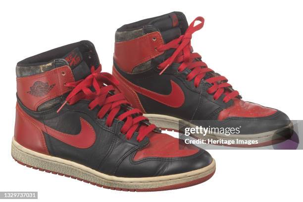 Pair of trainers worn by African-American professional basketball player Michael Jordan , who played 15 seasons in the NBA, winning six championships...