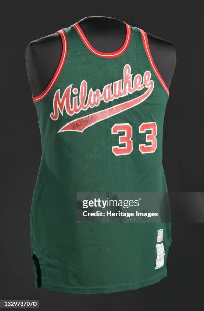 African-American sportsman Kareem Abdul-Jabbar played 20 seasons for the Milwaukee Bucks and the Los Angeles Lakers basketball teams. Jersey worn and...