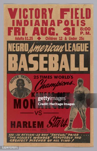 Negro American League baseball poster featuring Satchel Paige and Goose Tatum. The poster is white at top and has a white border. The text at the top...