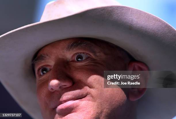 Jeff Bezos speaks about his flight on Blue Origin’s New Shepard into space during a press conference on July 20, 2021 in Van Horn, Texas. Mr. Bezos...