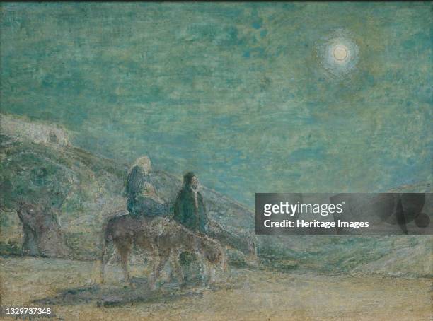 The Virgin Mary, carrying the infant Jesus, rides a donkey led by her husband Joseph through a desert landscape lit by a full moon. Oil painting by...