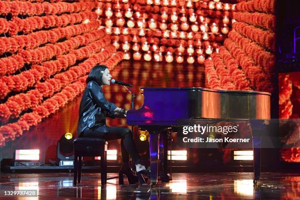 Ángela Aguilar performs during Premios Juventud 2021 - Rehearsals - Day 2 at Watsco Center on July 20, 2021 in Coral Gables, Florida.