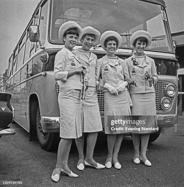 From left to right, athletes Janet Simpson , Mary Rand, Daphne Arden and Dorothy Hyman in London upon their return from the 1964 Summer Olympics in...