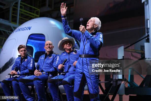 Blue Origin’s New Shepard crew member Wally Funk speaks at a press conference along with other crew members Oliver Daemen, Mark Bezos and Jeff Bezos...