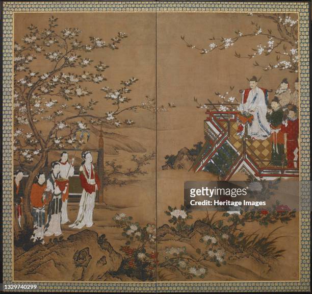 The Chinese emperor Ming Huang and Yang Kuei-fei, Edo period, early 17th century. Scene from the epic poem Song of Everlasting Sorrow, showing the...