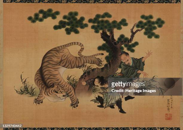 Yang Hsiang saving his father from a tiger, late 18th-early 19th century. Artist Hokusai.